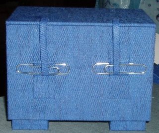 box made with binder's board, blue book cloth, and paperclip clasps