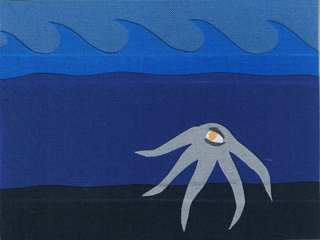 sea monster grey tentacled creature with 1 yellow eye and 5 arms