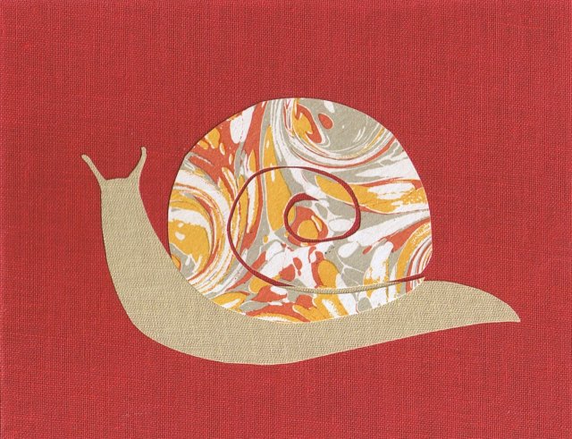 snail mail bookcloth snail with marbled paper shell on coral background